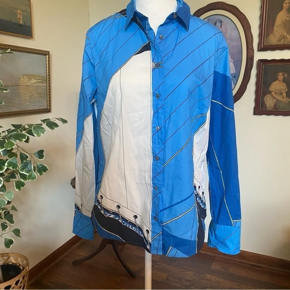 J. Crew • Slim Fit Button Up Nautical Blue Ratti Regatta Top • NWT • Size 10